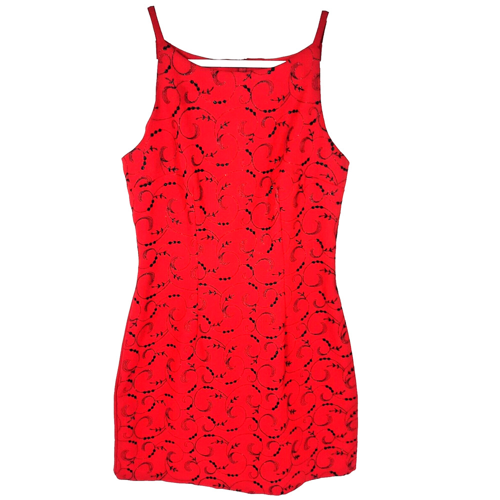 Vintage Y2K XOXO Glitter Embellished Mini Dress Size 7 Shimmer Red Black Goth